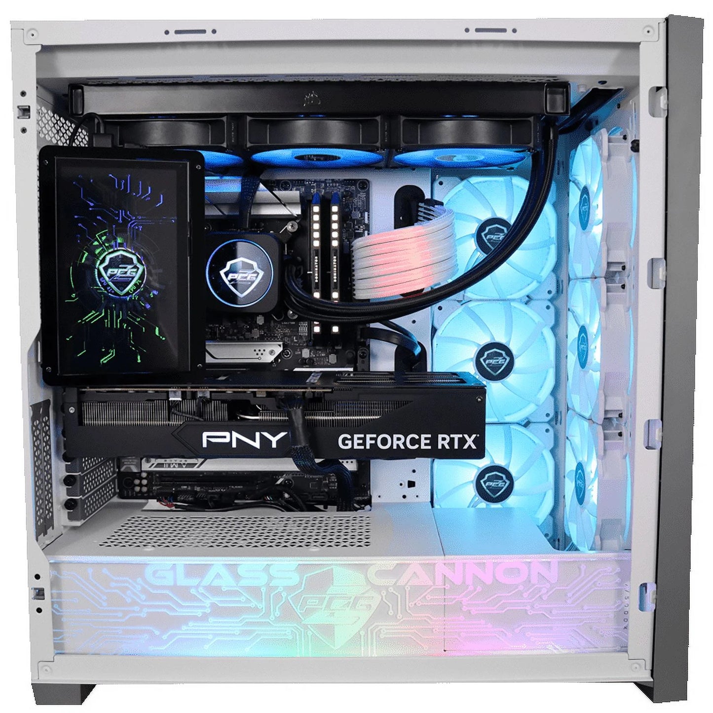 Oasis Blue Glass Custom Gaming Desktop PC - Nvidia RTX 4090, Intel Core i9-13900K, 64GB DDR5 RAM, Asus Z790-A WiFi, 2TB M.2 NVMe SSD, Corsair H150i Elite LCD Cooler, 1000W Gold PSU, Windows 10 Pro